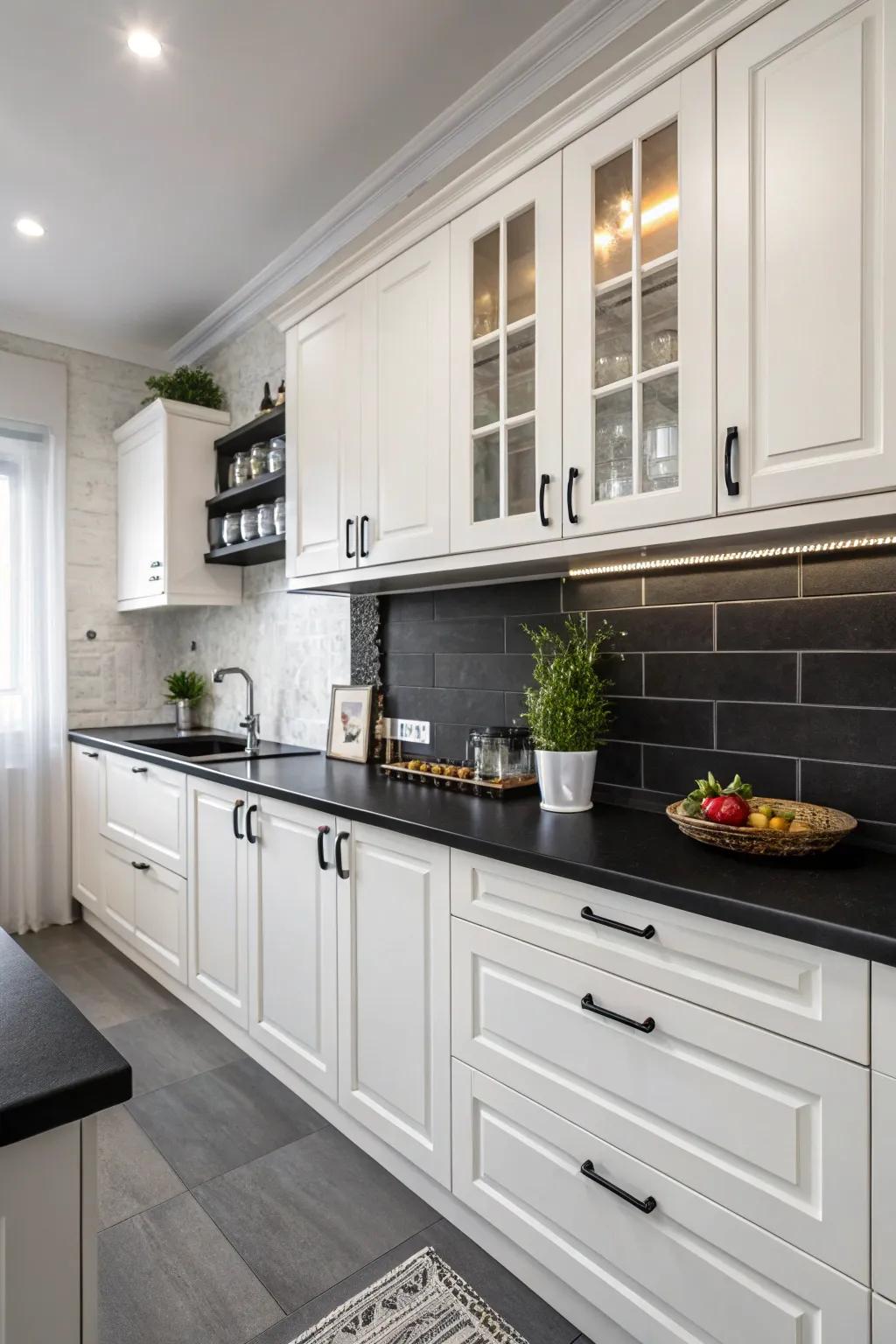 Ebony countertops matched with ivory cabinets for an enduring contrast.