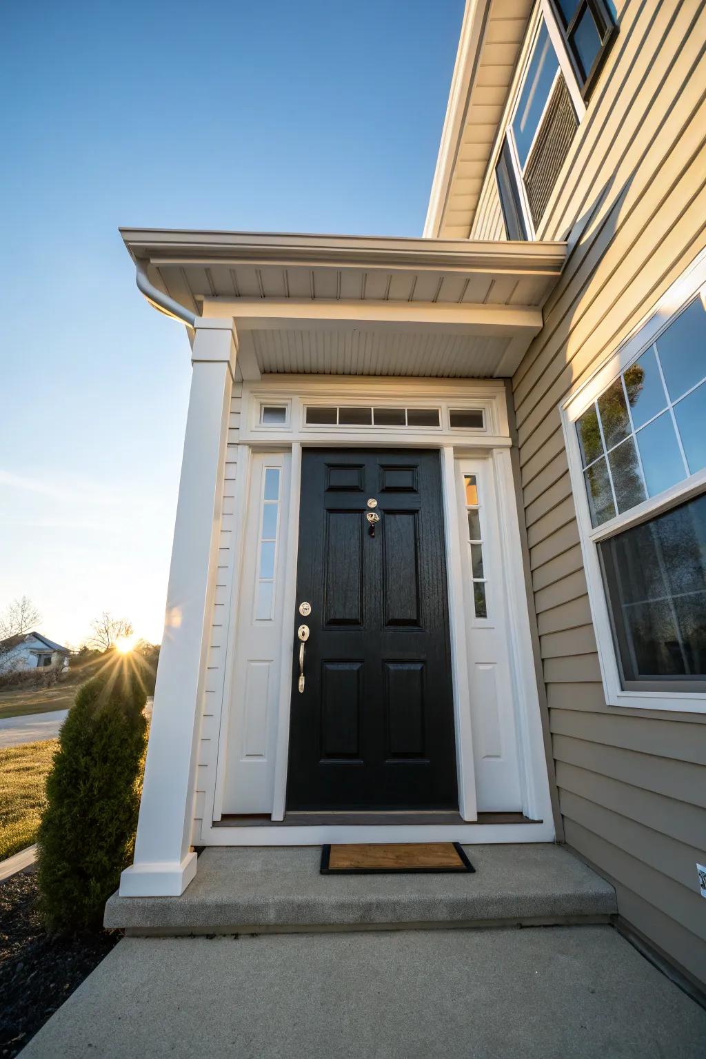 A stunning onyx door with alabaster trim creates a striking visual statement against neutral siding.