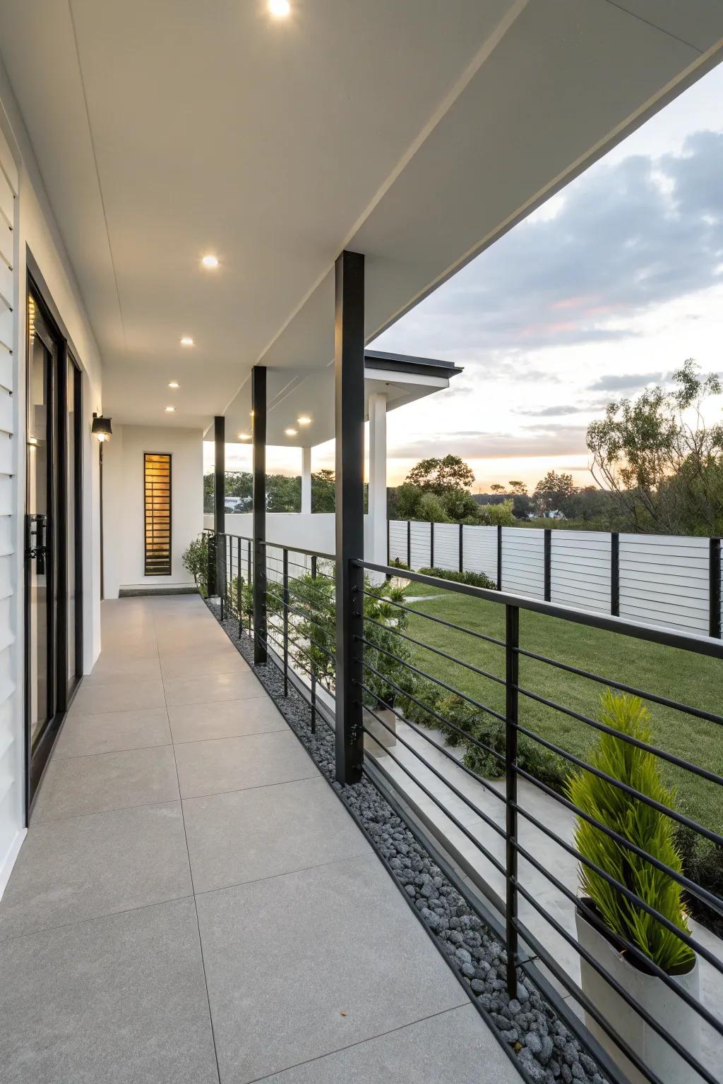 A minimalist black railing lends a refined touch to any modern veranda.