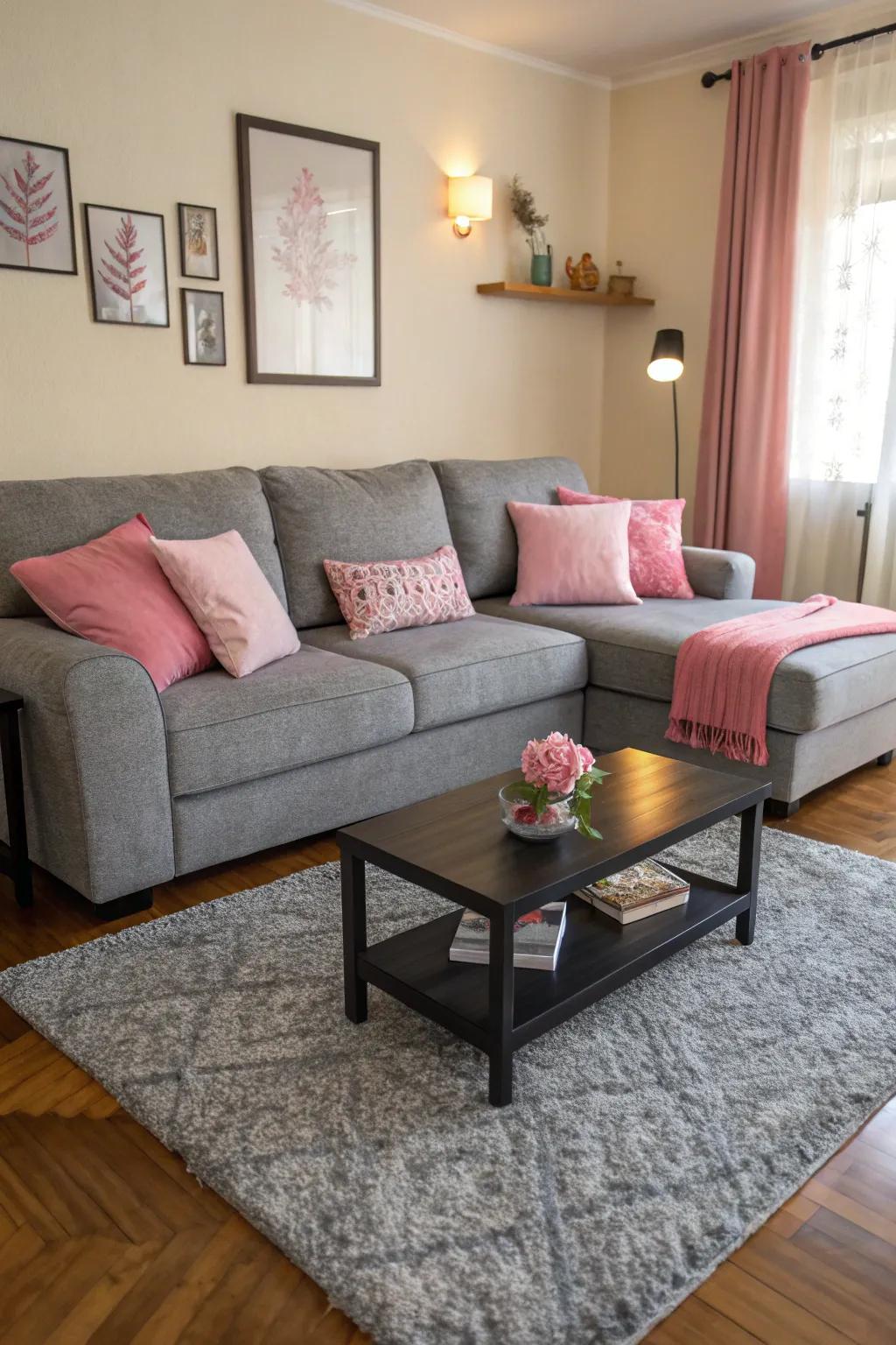 A grey modular sofa accented with pink pillows crafts a harmonious and welcoming setting.