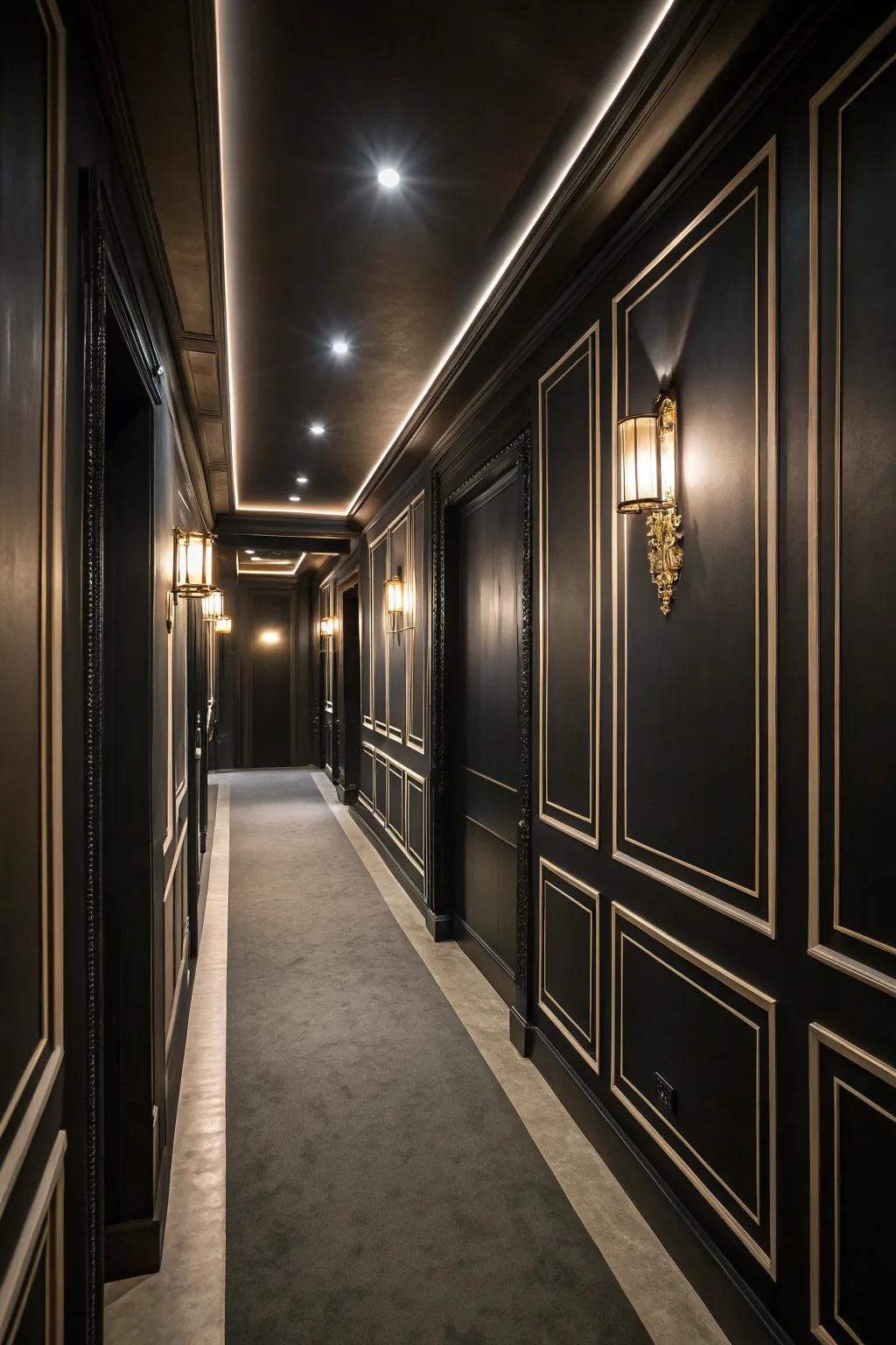 Dark walls establish a foundation for a striking and sophisticated hallway.
