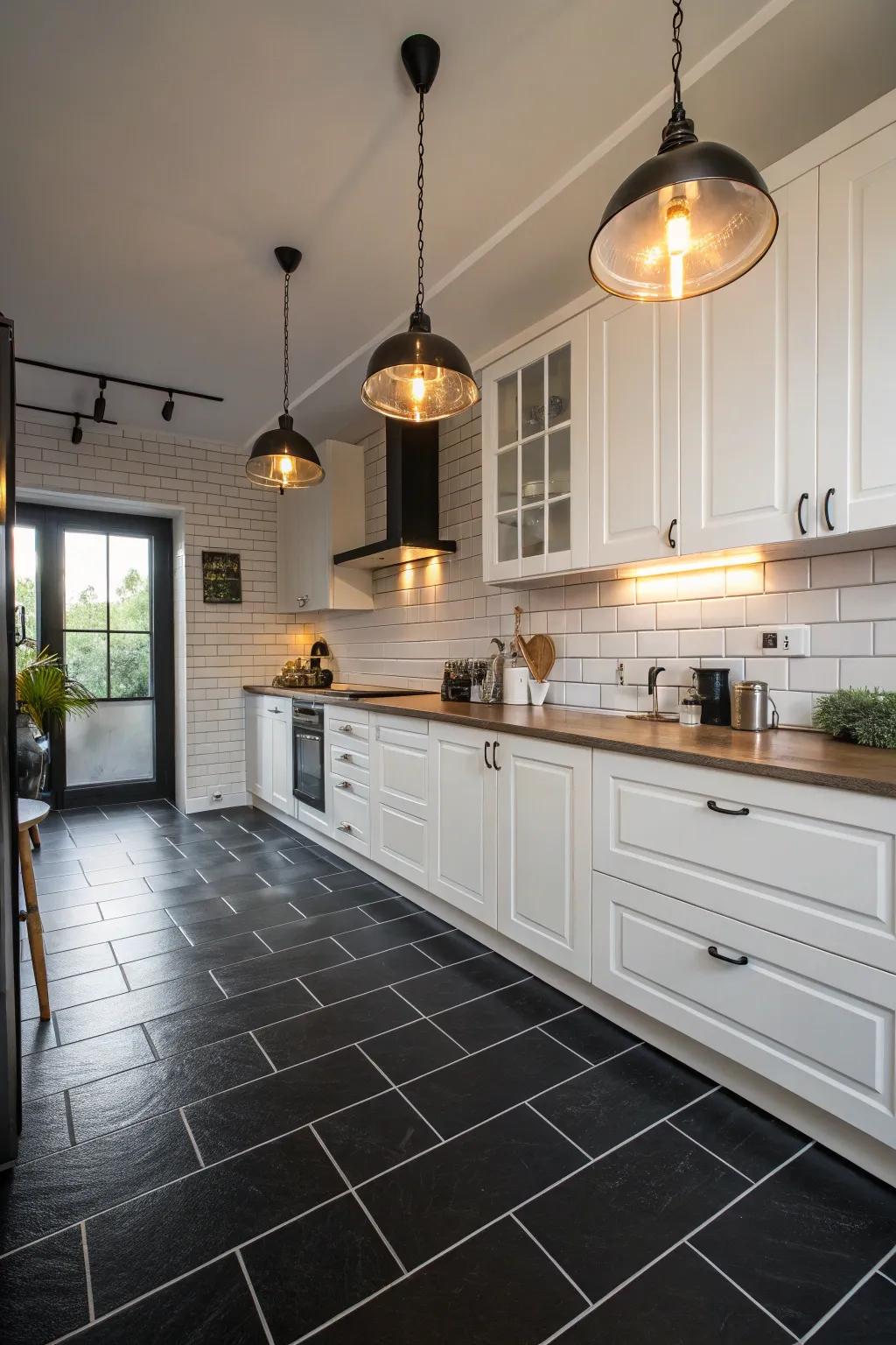 A kitchen showcasing the captivating juxtaposition of dark floors alongside ivory cabinetry.
