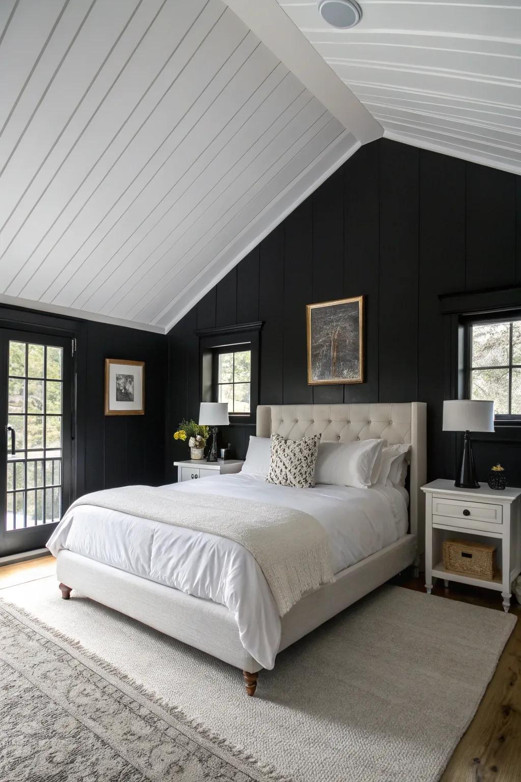 Black walls fashion a dramatic foundation for the primary suite.
