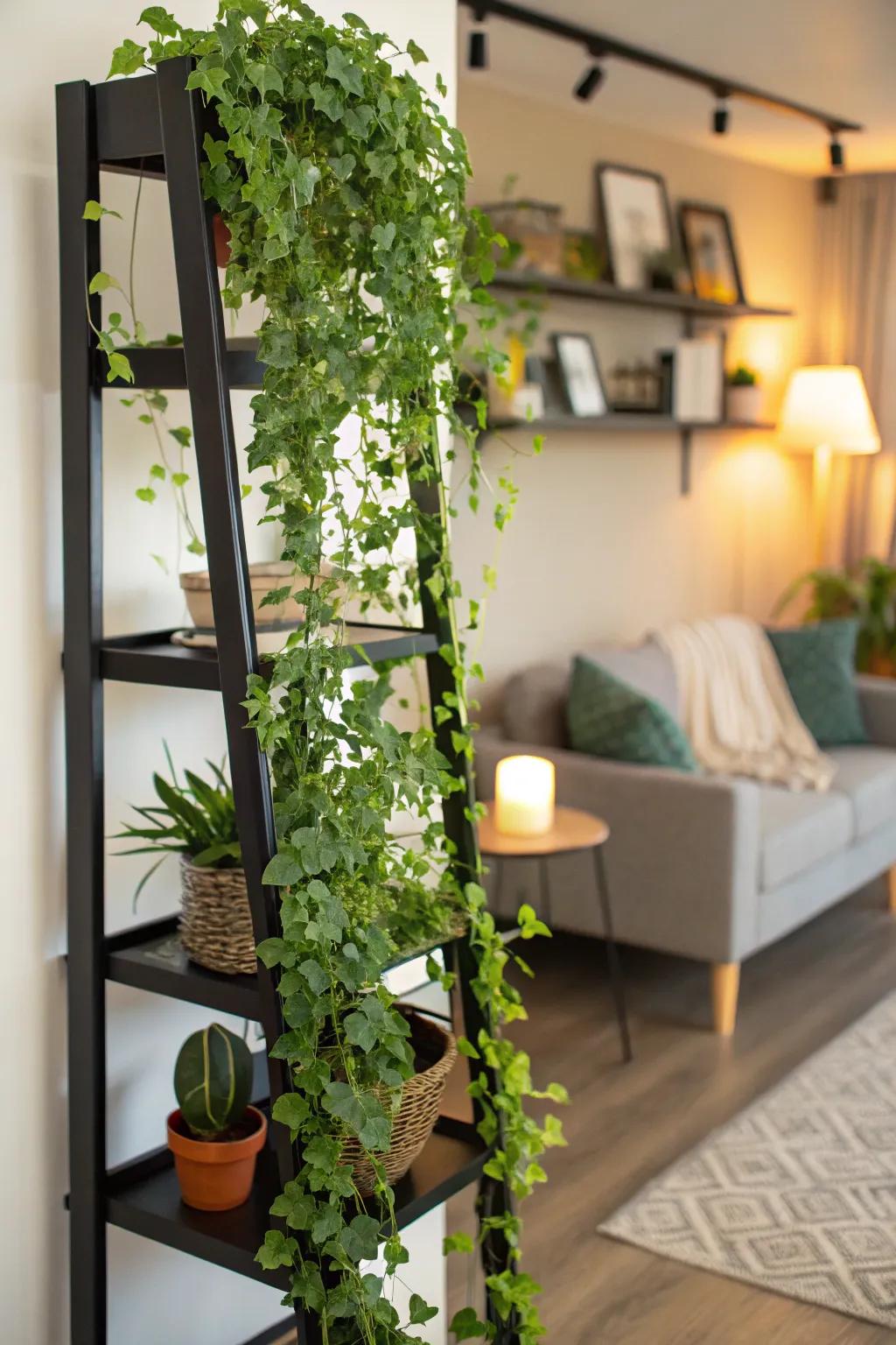 Lush greenery gracefully cascading down a black shelf, generating a vibrant visual contrast.