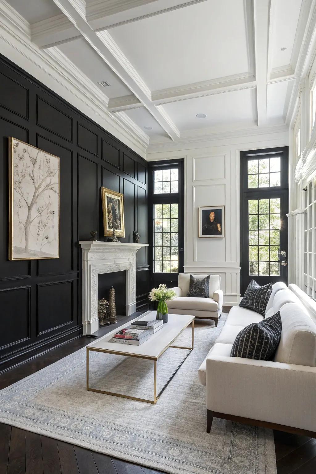 Grand room featuring dark wainscoting contrasted by pristine ivory walls.