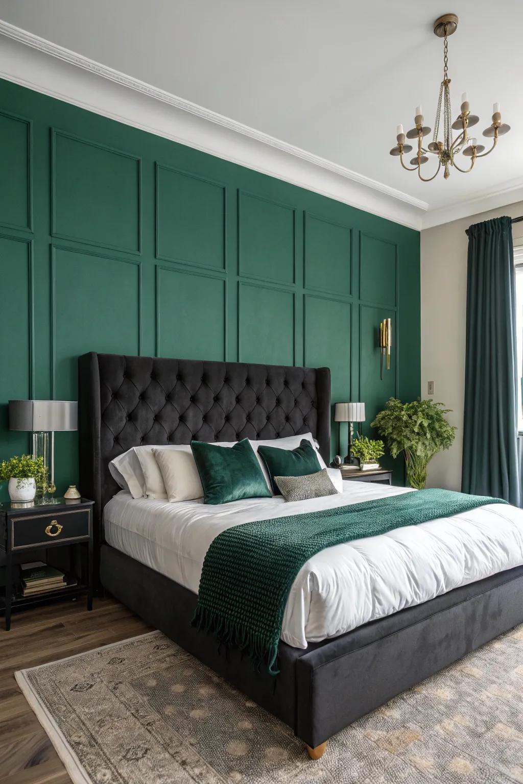 A bedroom showcases an emerald accent wall as a focal point.