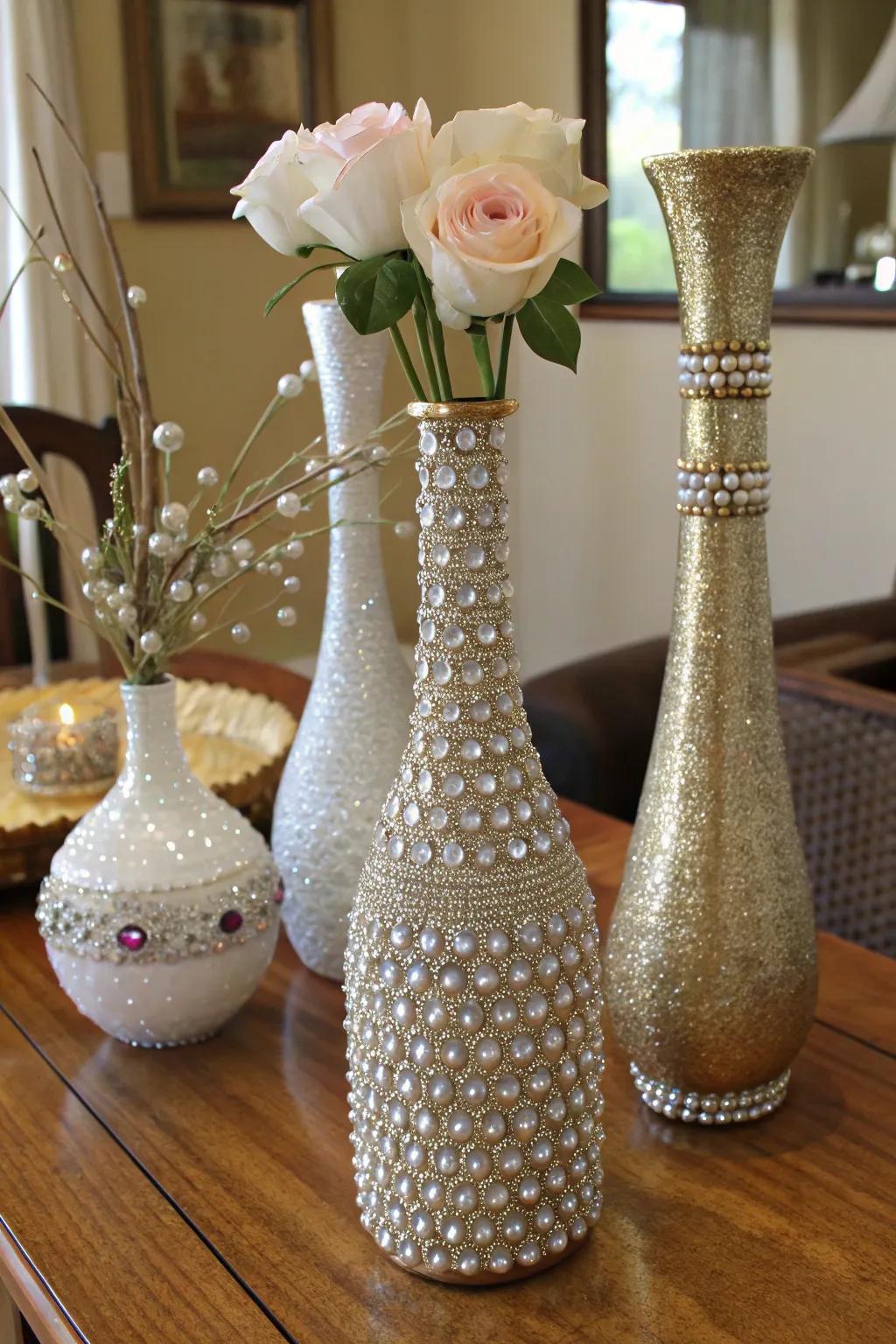 Vases enhanced with rhinestones for a luxurious touch.