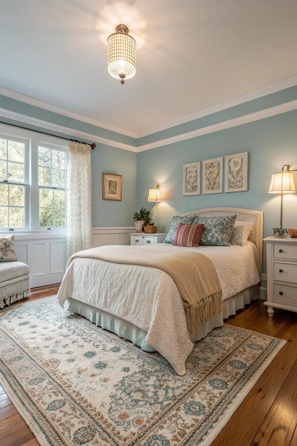 Walls painted a soft blue in a bedroom, creating an inviting and peaceful environment.