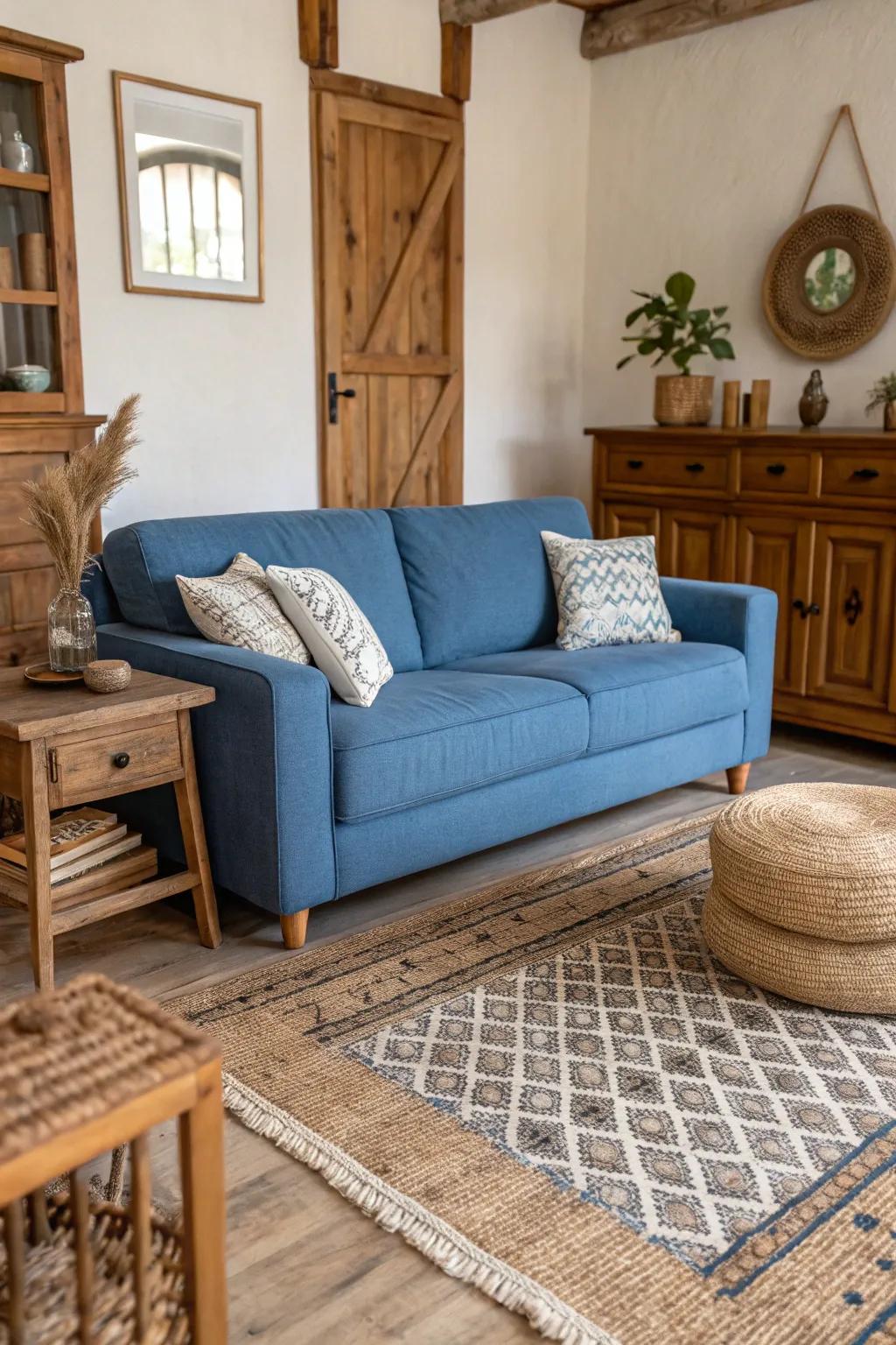 The calming blue shades of the couch are beautifully enhanced by natural textures.