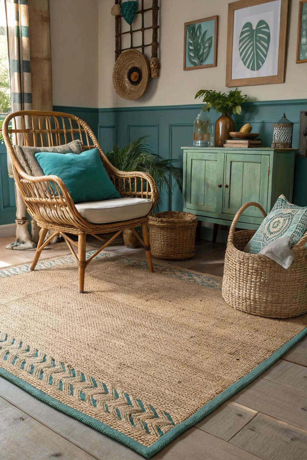 Organic textures impeccably enhance cerulean-emerald decor.