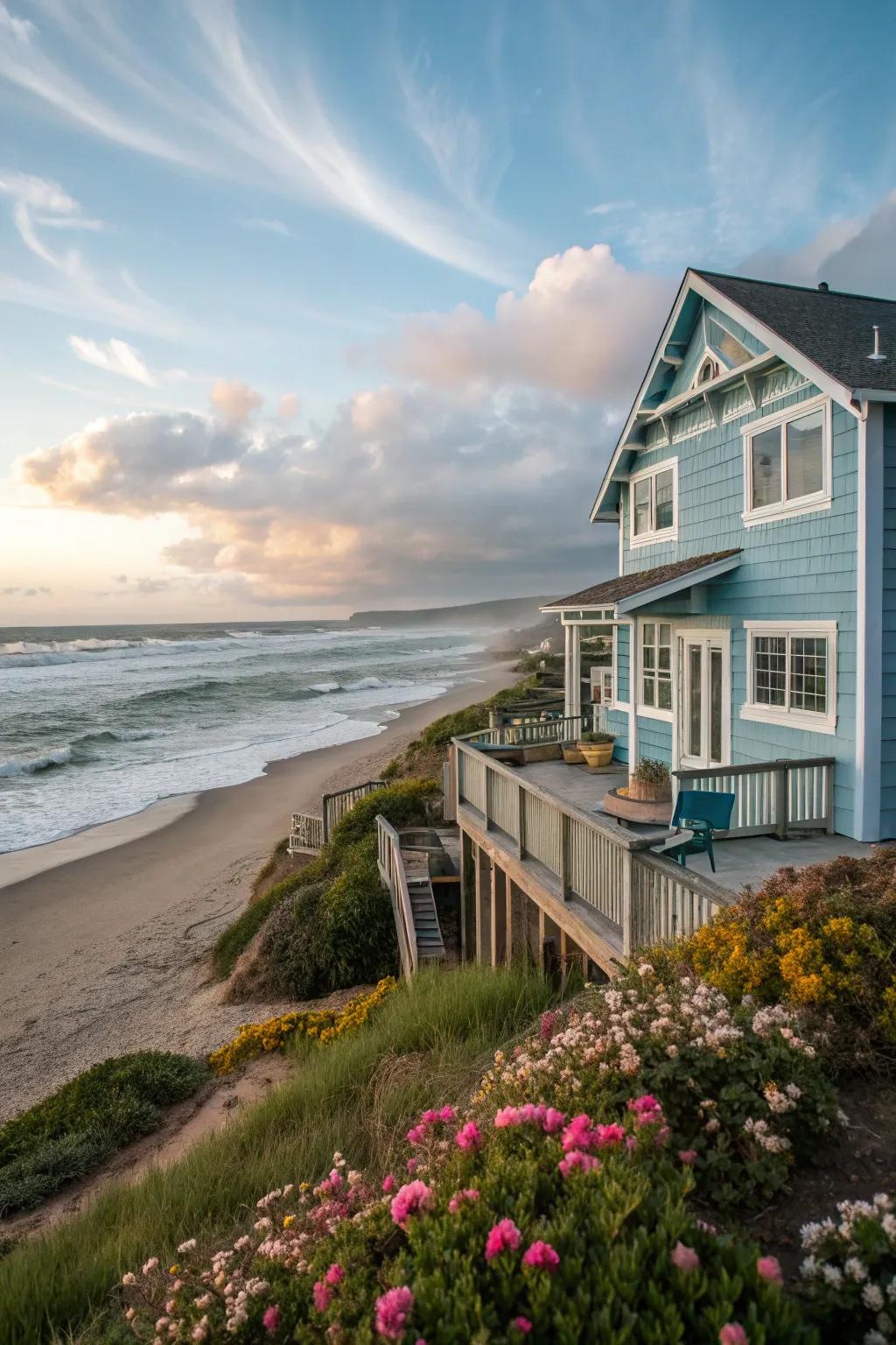 Soft blue exteriors evoke a peaceful coastal atmosphere.