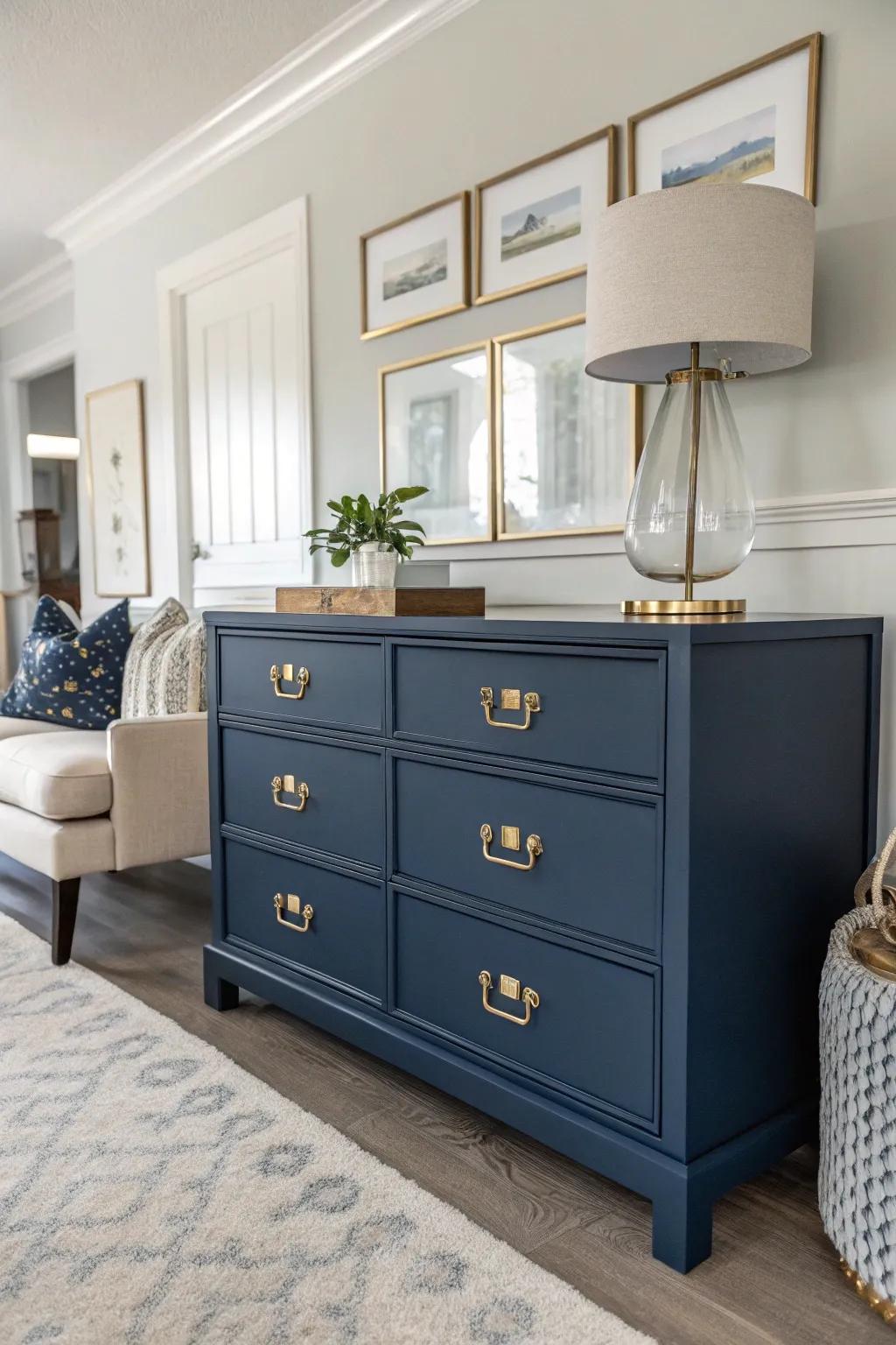 A navy blue dresser styled with sophistication in a modern living area.