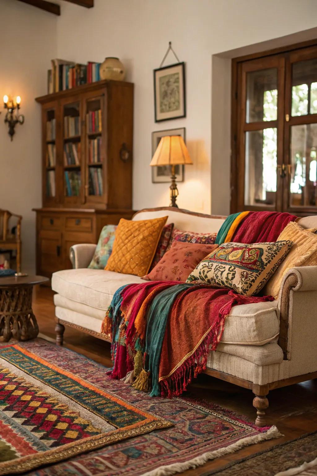 Layered textiles create a cozy and inviting atmosphere.