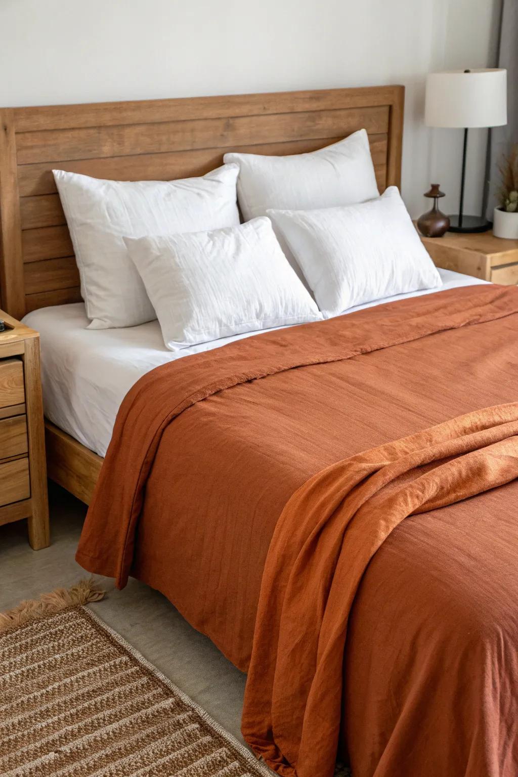 Burnt orange bedding as a focal point of warmth.