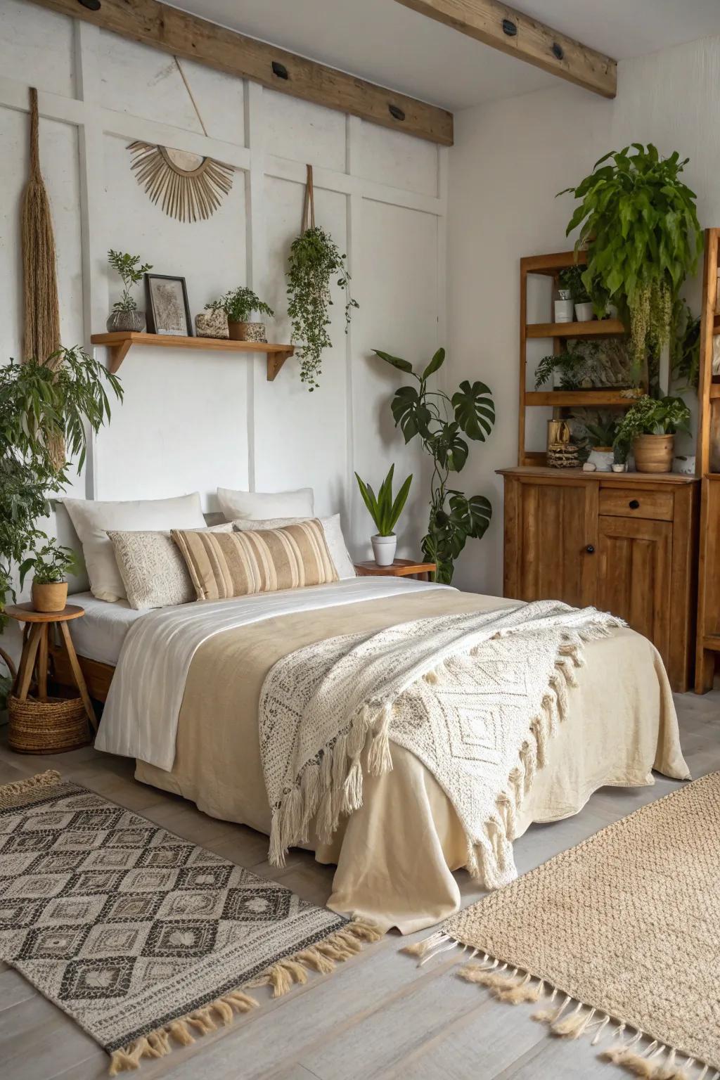 Neutral shades foster a serene and unified boho ambiance.