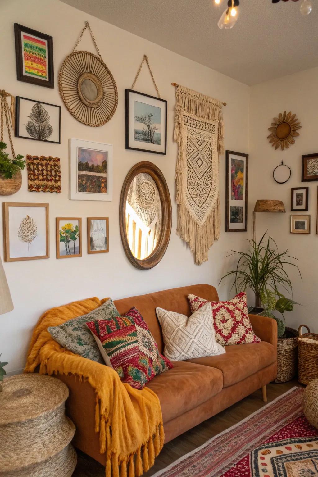 A bohemian gallery wall radiating eclectic elegance.