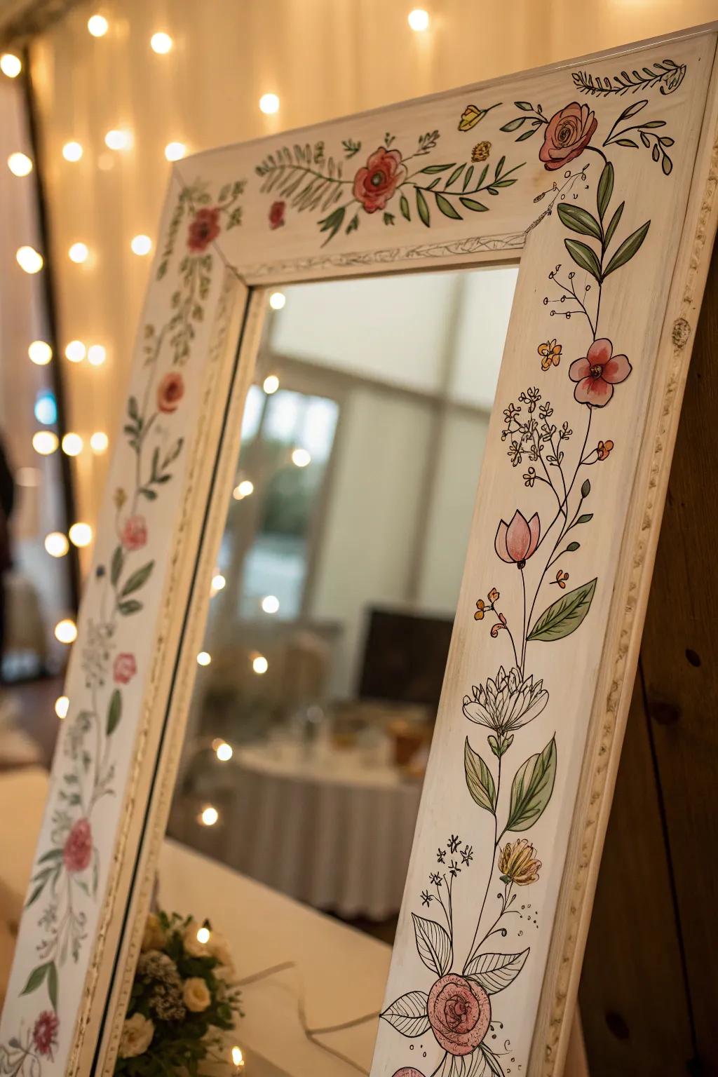 Hand-drawn floral borders impart a whimsical charm to mirrors.