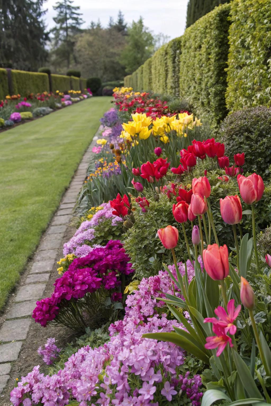 A vibrant garden border featuring regal lilies, delightful fuchsias, and lovely pansies.