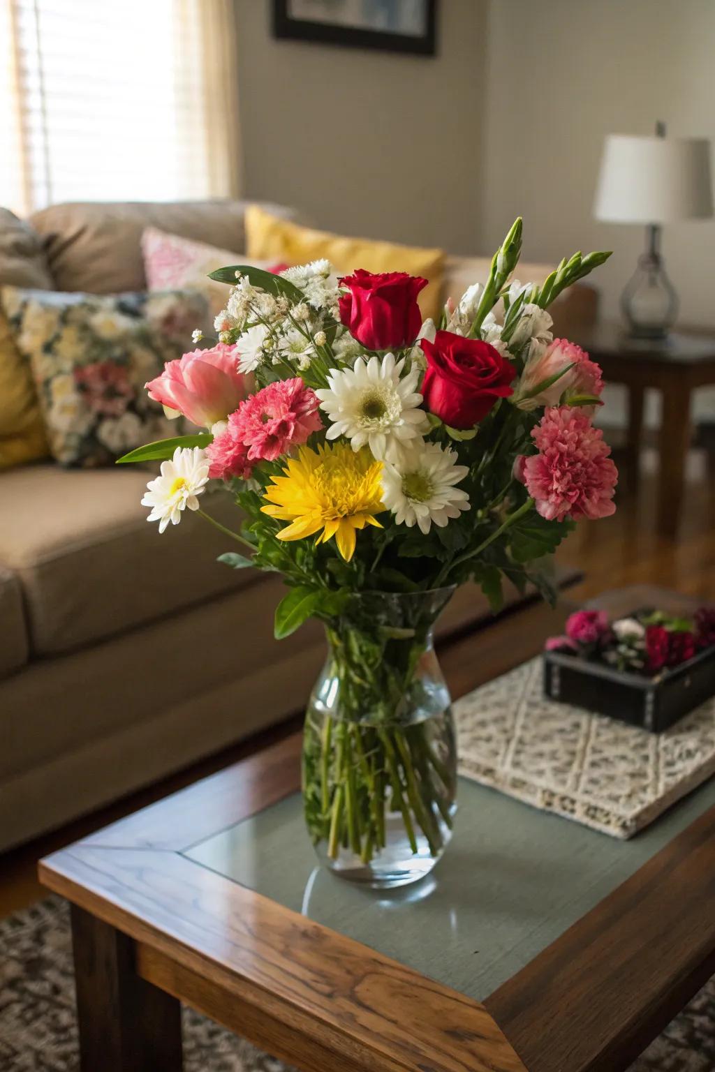 A classic mixed flower arrangement to brighten any room.