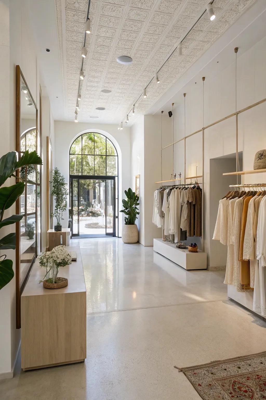 A minimalist boutique interior with a modern influence, showcasing simple designs and an open concept.