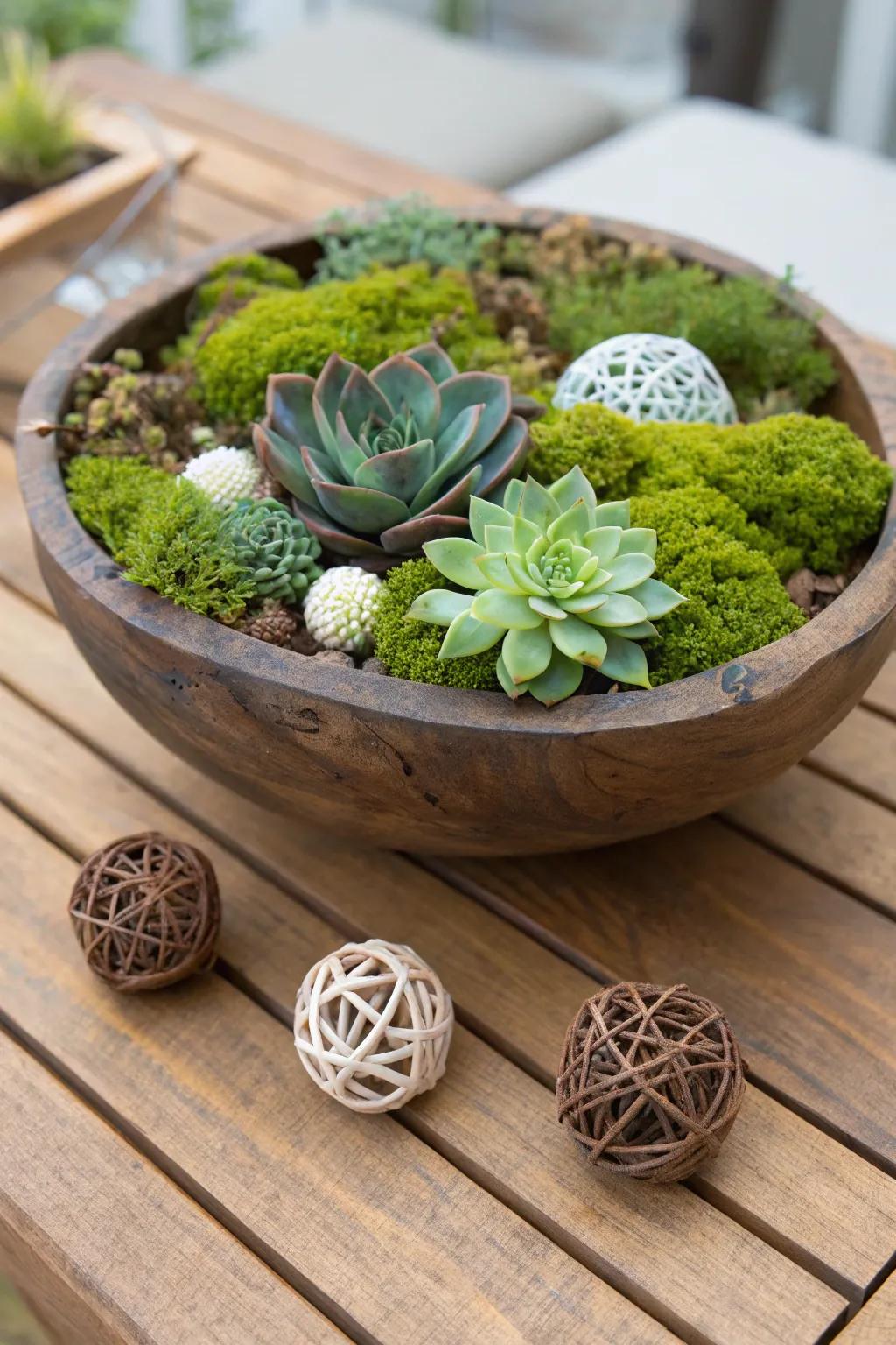 A classic wooden bowl showcasing a harmonious arrangement of natural elements like moss and succulents