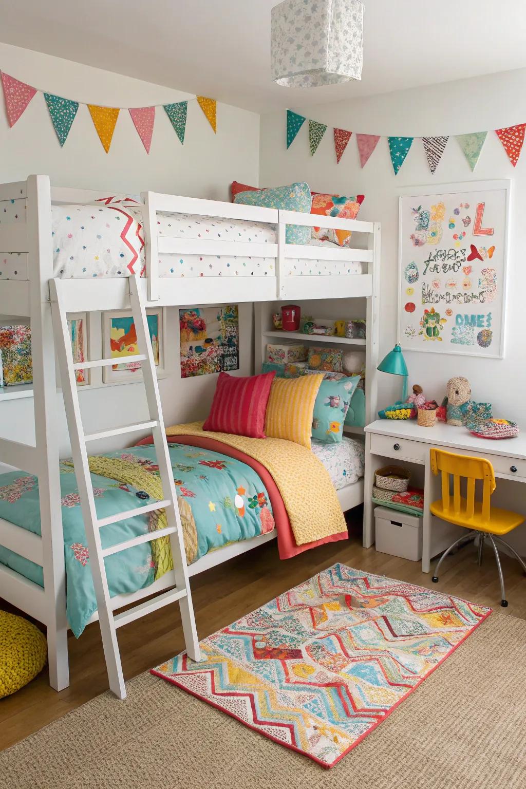 Elevated beds efficiently use vertical space, ideal for small shared bedrooms.