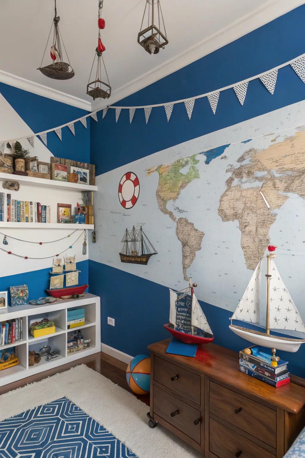 Establish a seafaring ambiance with striking blues and whites.