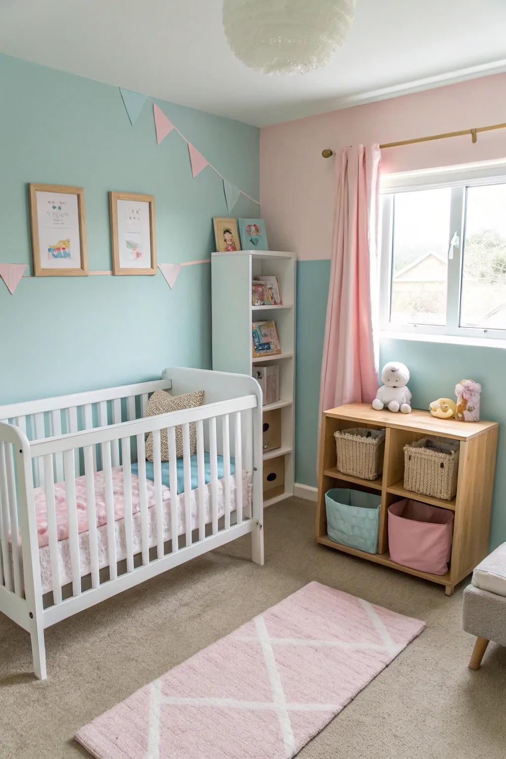 A gender-neutral room featuring delicate pastels and serene hues.