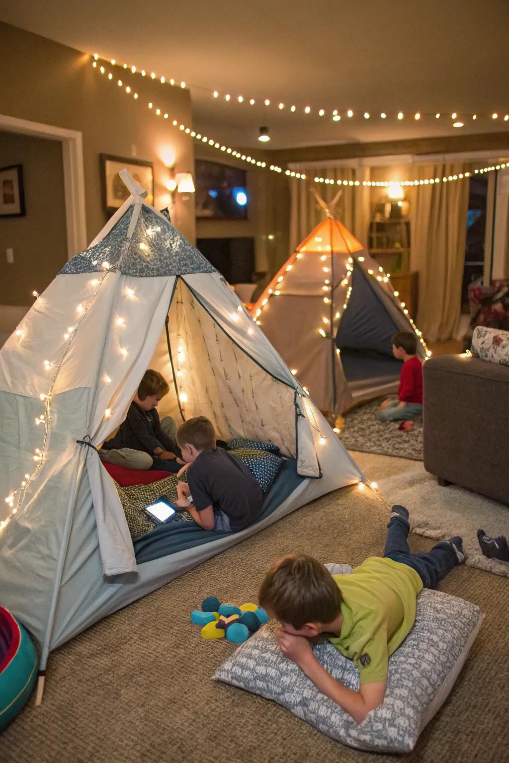 Indoor shelters establish a cozy and adventurous sleepover ambiance.