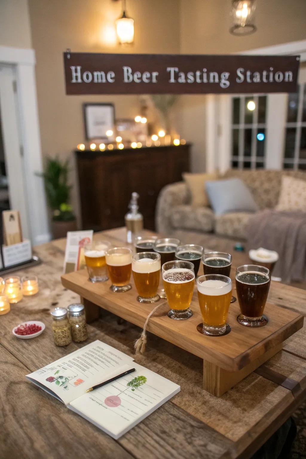 A beautifully arranged beer tasting station, inviting guests to sample and enjoy.