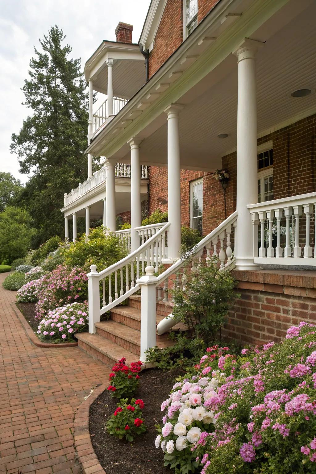 A classic brick porch accentuated by white railings and vibrant floral arrangements.