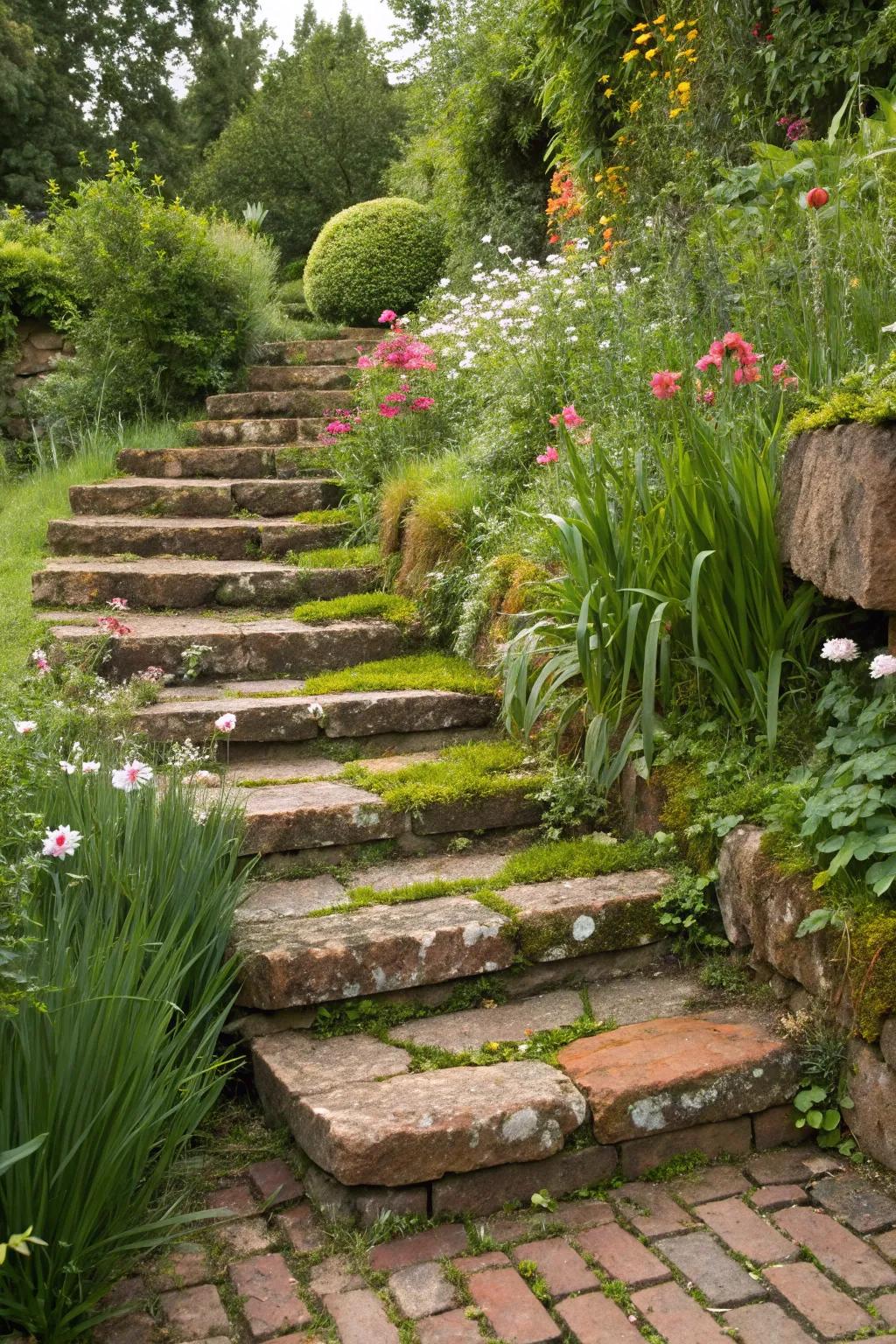 Brick steps meandering through a lush garden panorama.