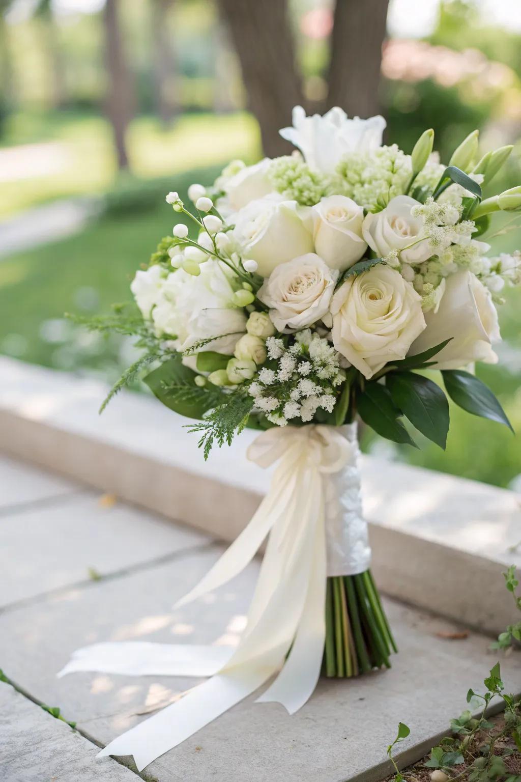 An ageless ivory bouquet that complements any bridal theme beautifully.