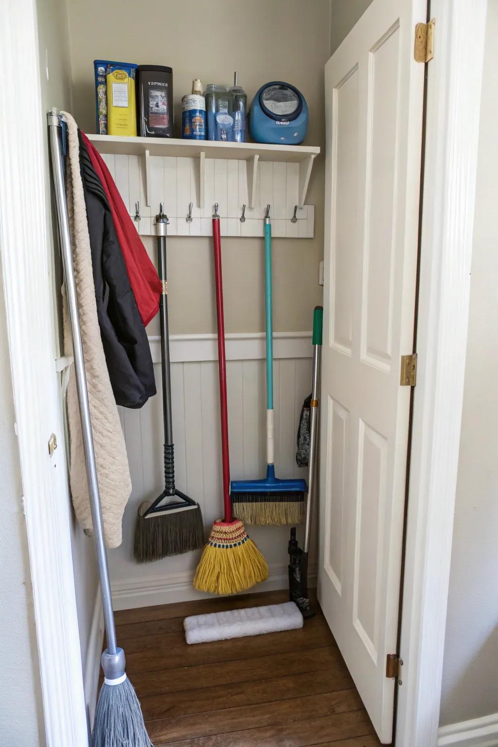 Employ vertical storage solutions to maintain a structured and accessible array of cleaning instruments.