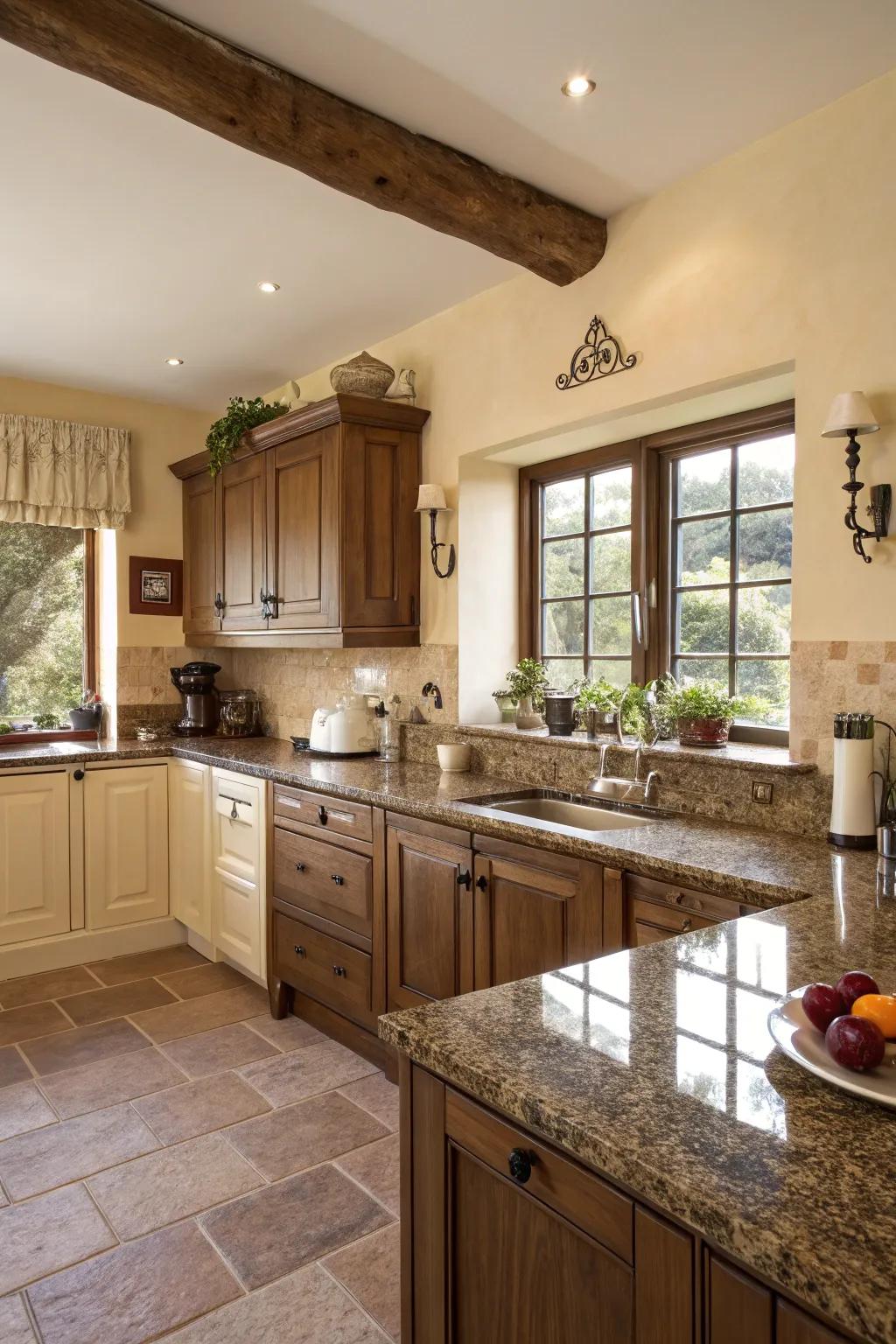 Gentle cream walls complement the golden colors of brown granite.