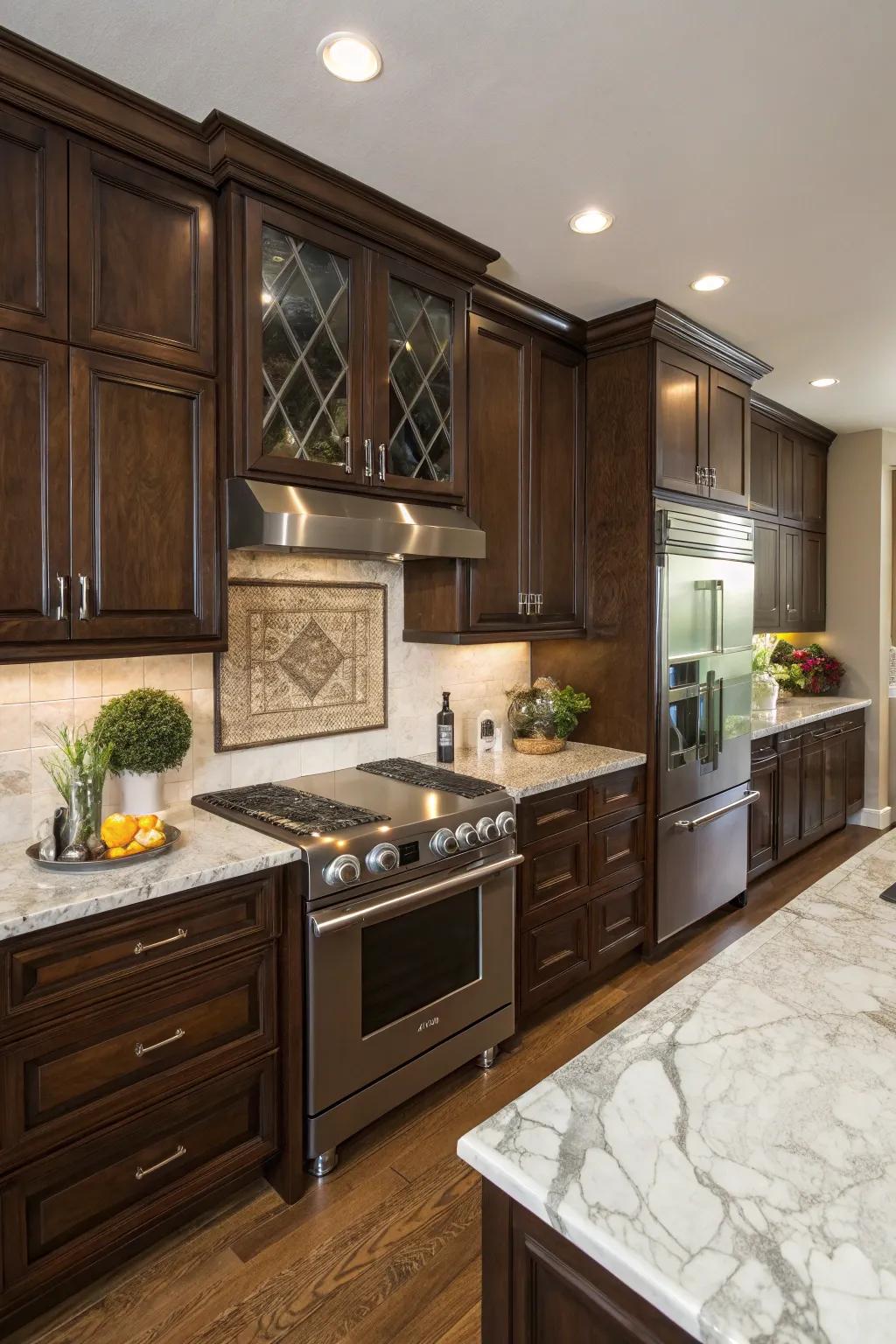 Walnut cabinets impart an opulent, enduring charm to contemporary kitchens.