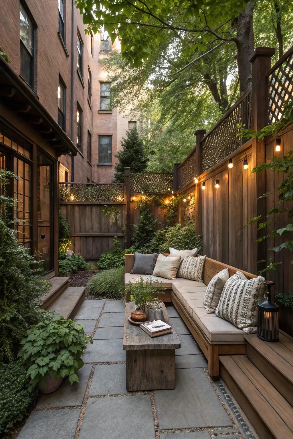 An inviting seating area beckons relaxation in this brownstone backyard.