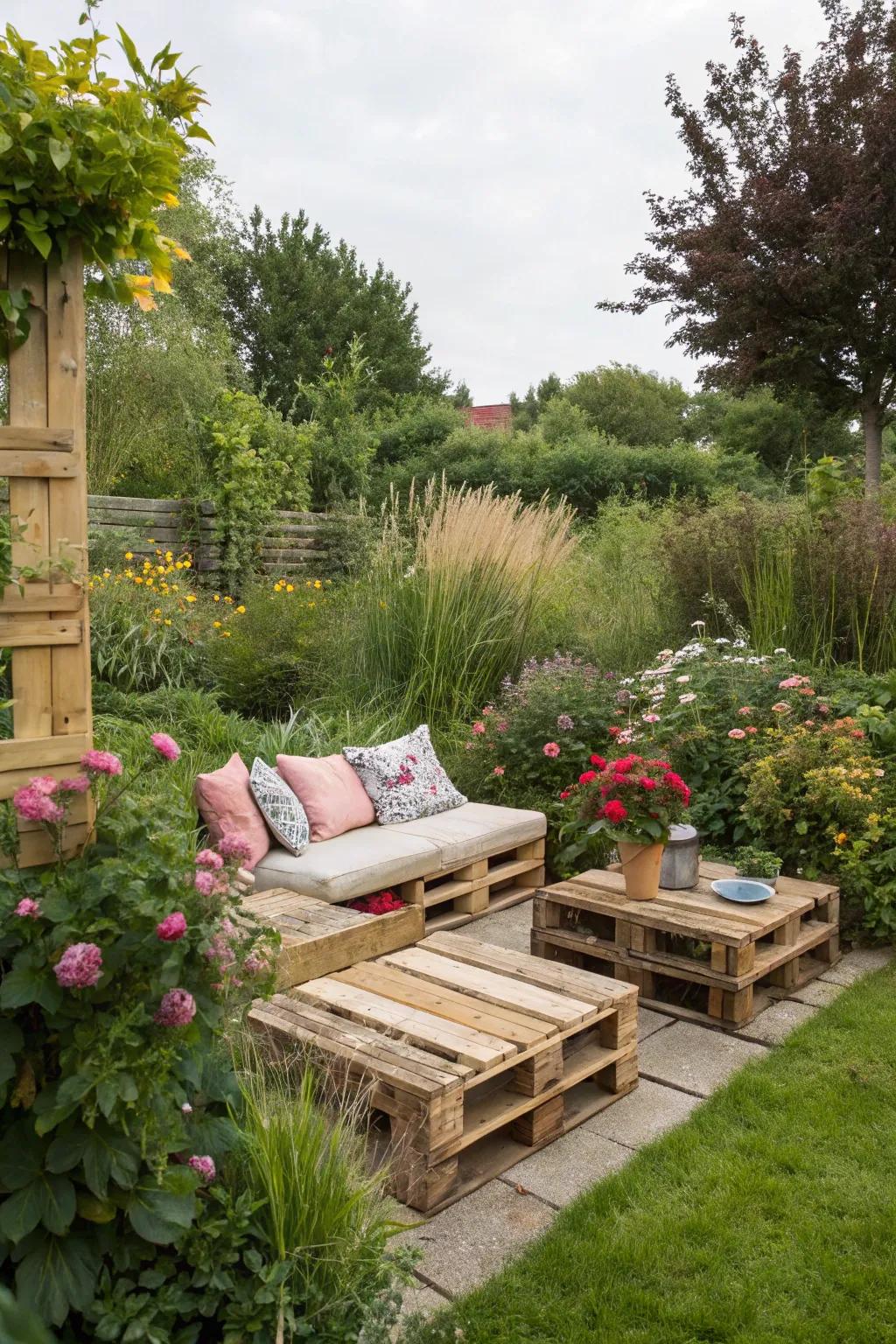 Reclaimed boards fashion an appealing and budget-friendly seating setup in your garden.