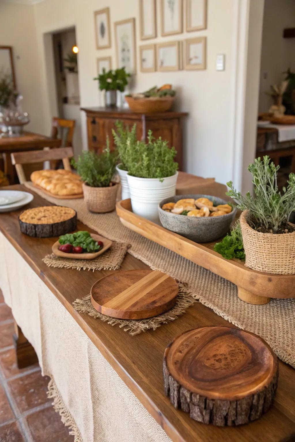 A rustic buffet table radiates warmth and charm for your home gatherings.