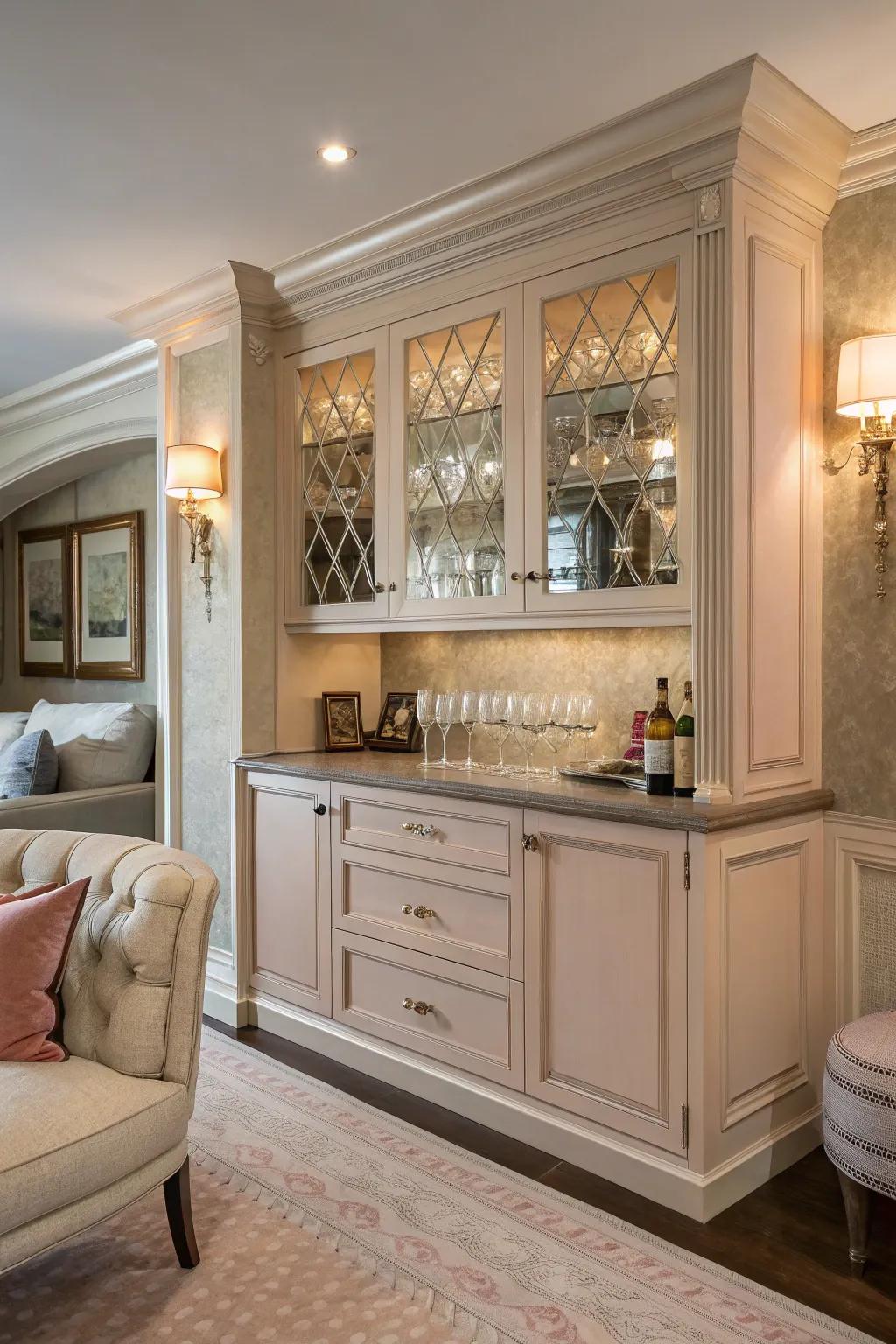 An alcove elegantly converted into an inviting bar space, featuring gentle hues and intricate detailing.