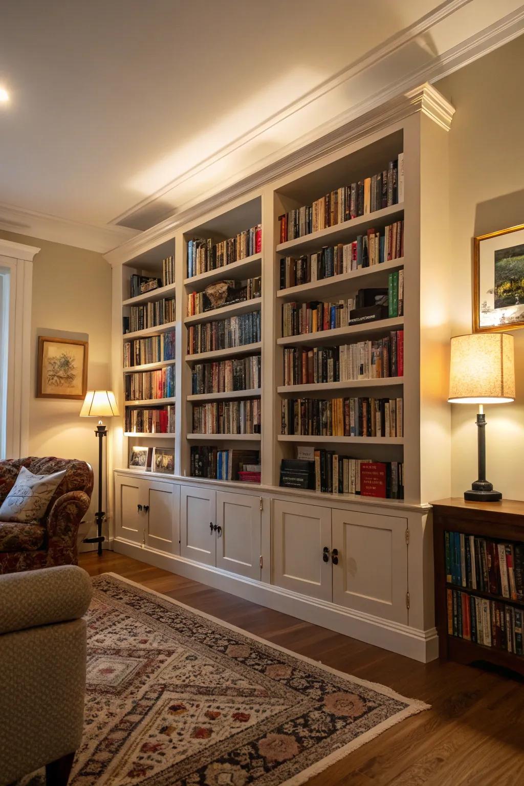 A breathtaking floor-to-ceiling bookshelf establishes a compelling visual impact.