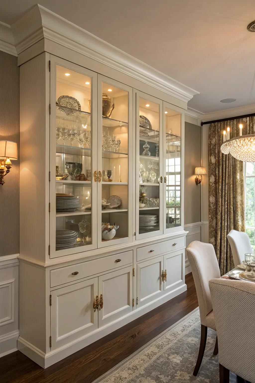 Dining room featuring glass-panel cabinets displaying elegant tableware.