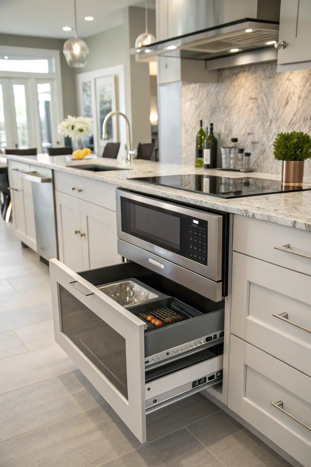 Modern culinary space showcasing a streamlined wave emitter drawer integrated into the lower cabinet work.