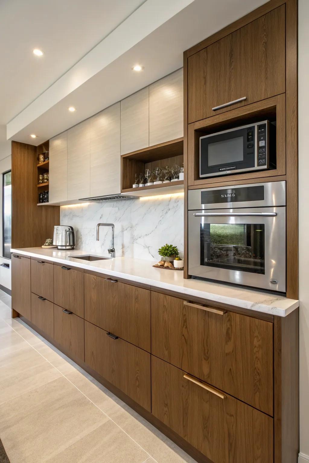A microwave elegantly built into the kitchen cabinetry above the counter.