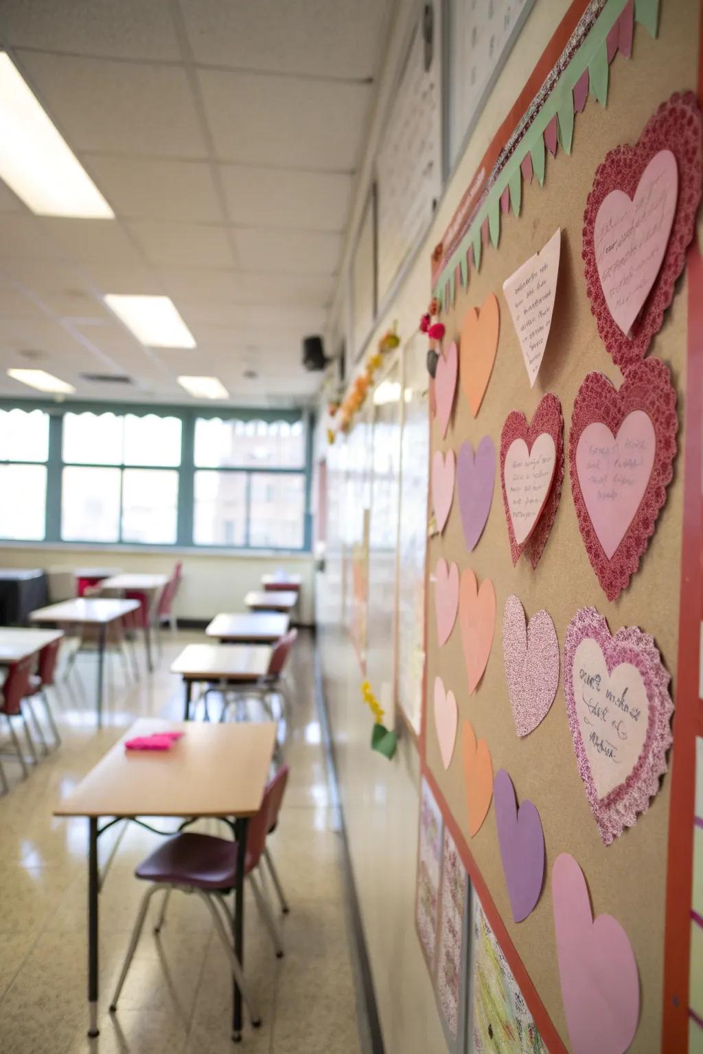Bulletin board embellished with heart-shaped clippings, each bearing messages of affection.