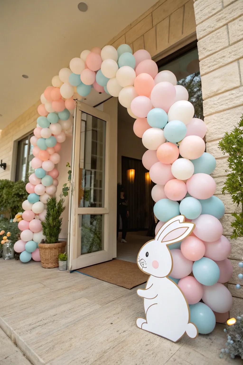 A charming pastel balloon garland gracefully welcomes guests to the bunny baby shower.