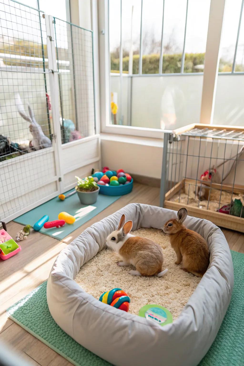A roomy indoor rabbit enclosure offering substantial freedom of movement.