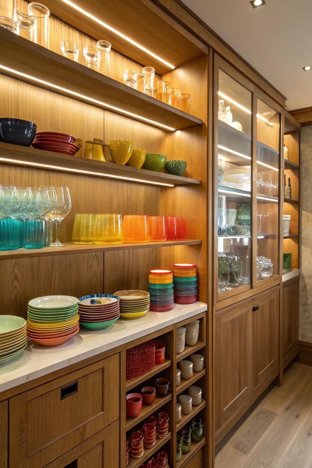 Visible shelving enhances the allure and utility of this pantry.