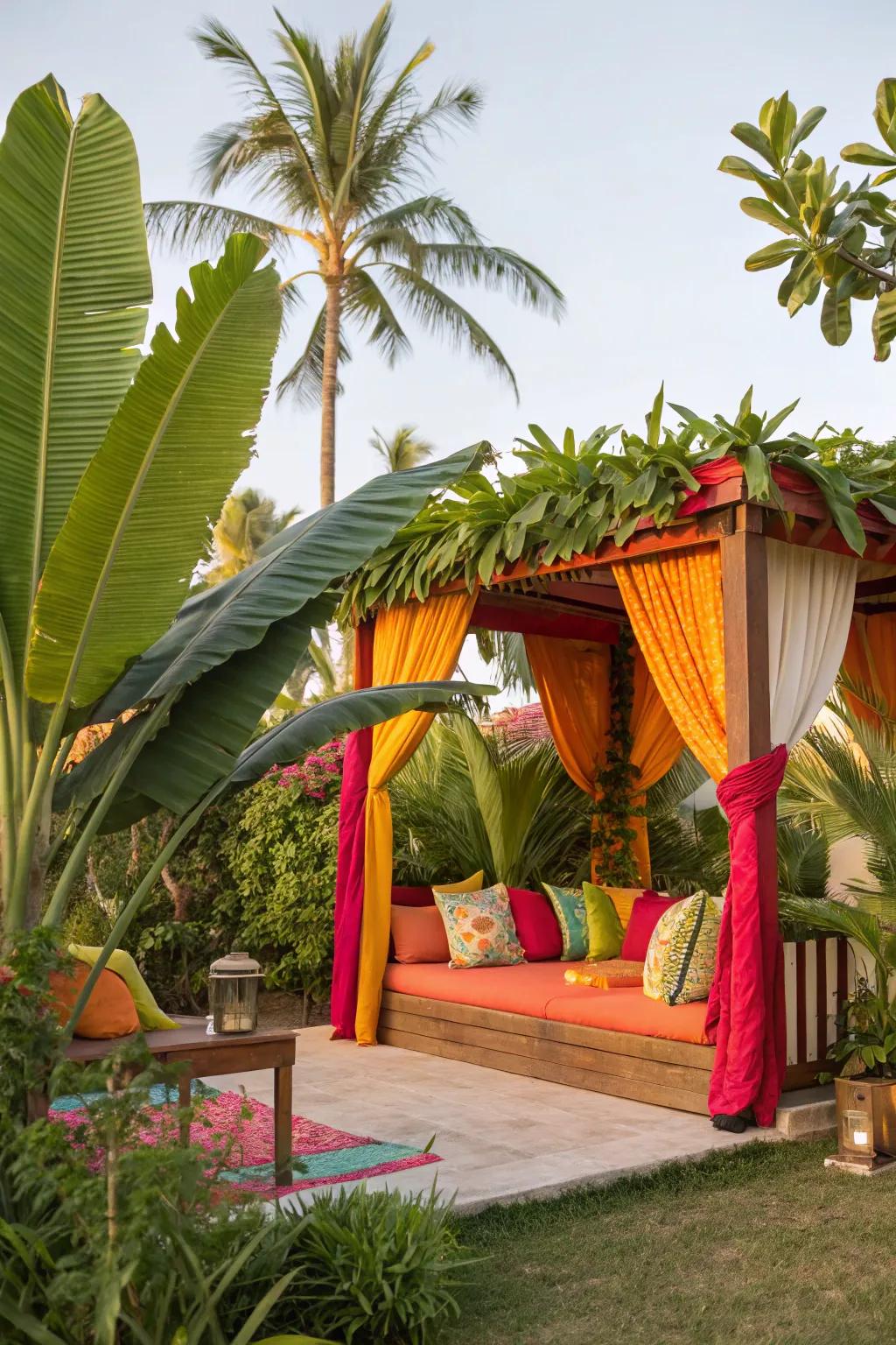 An exotic cabana featuring brilliant colors and dense vegetation.