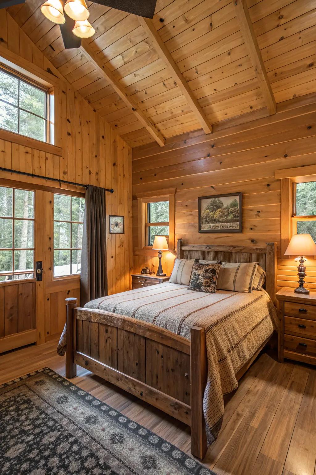 A cabin bedroom featuring wooden walls and furniture with warm lighting.